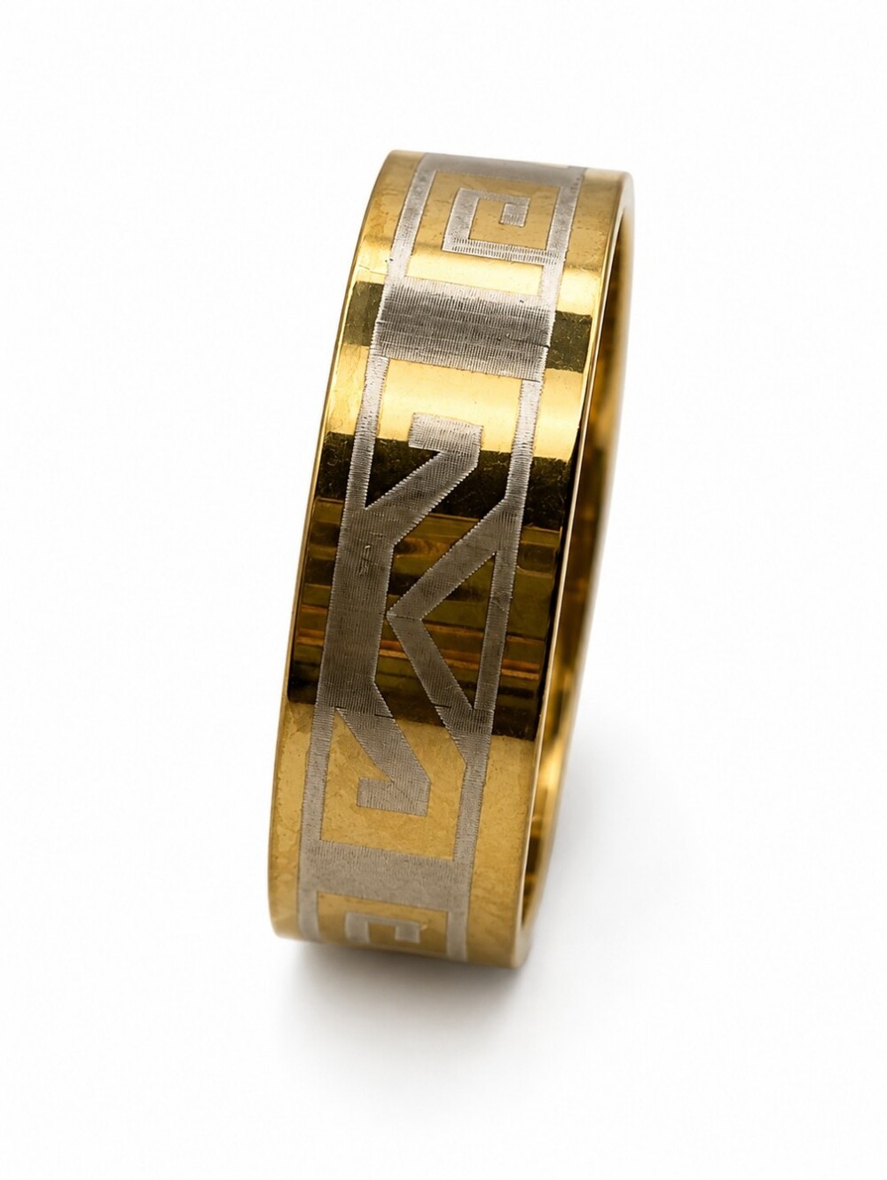 Mens Gold Tone Stainless Steel Band Ring Size 10.25 Geometric Pattern